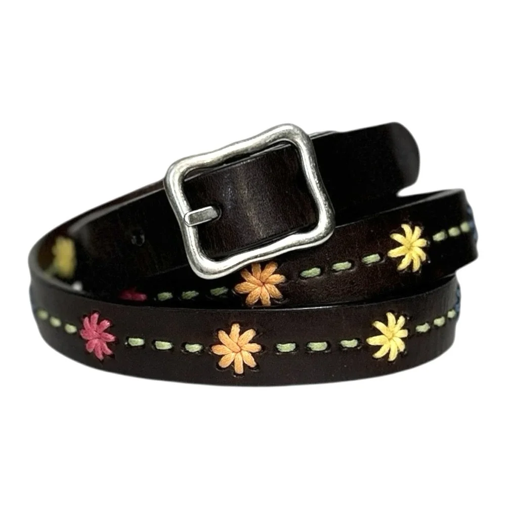 DOCKERS Dark Brown Leather Belt Embroidered Daisy Boho Y2K Women's L 42